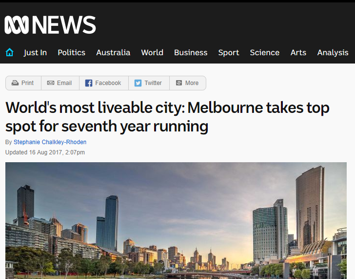 Melbourne most liveable city 2017