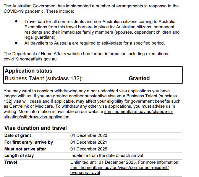 Subclass 132A Visa Grant Letter